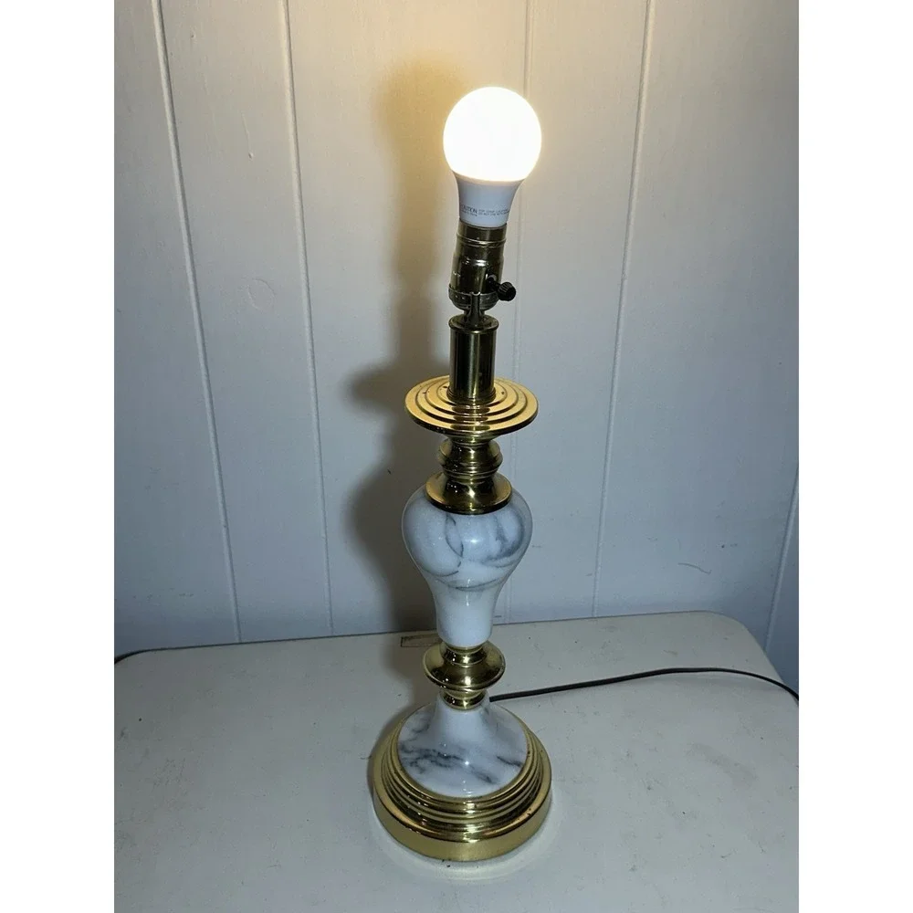 Vintage White Marble Brass Table Lamp MCM Hollywood Regency 22